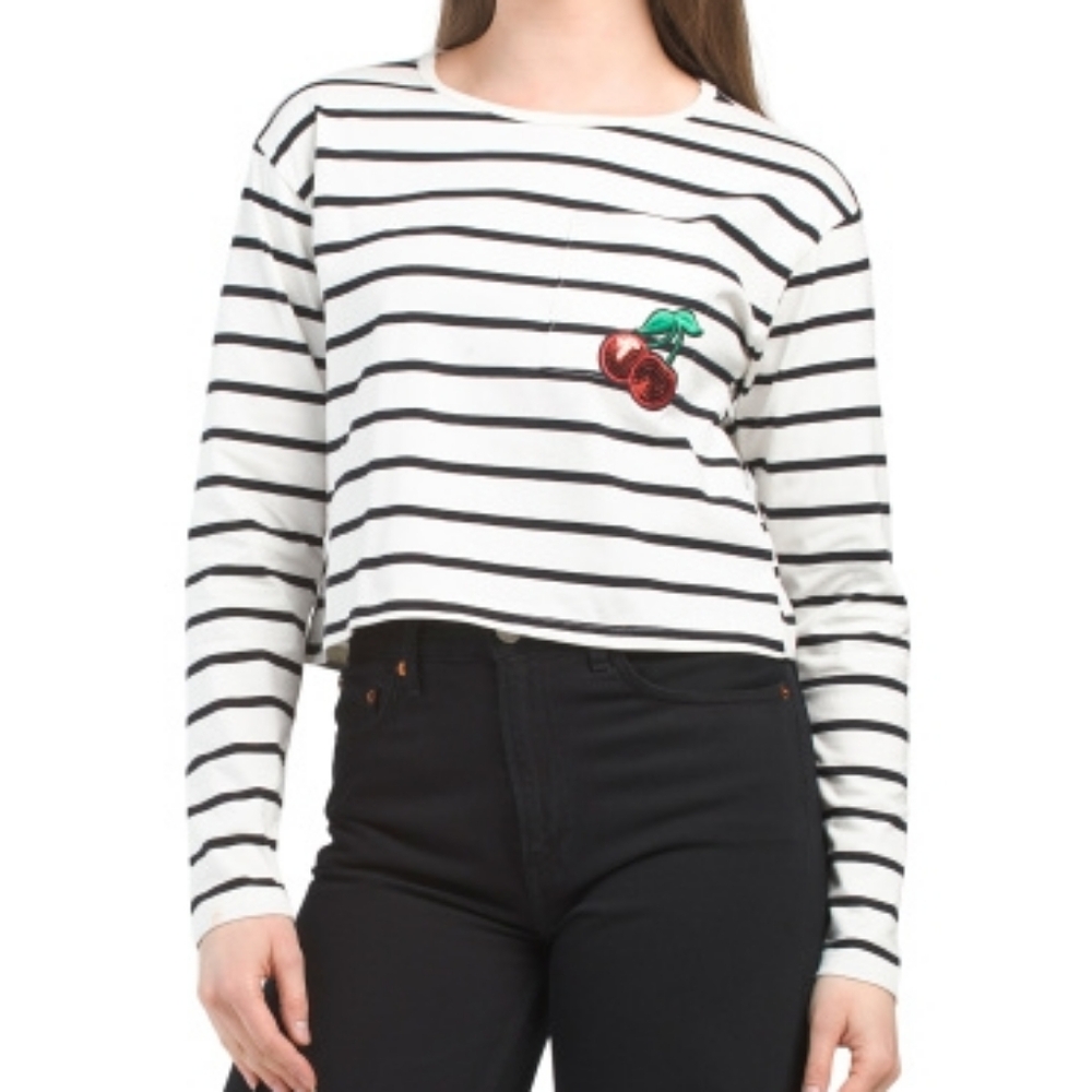 NWT - Madden Girl Long Sleeve B&W Striped Tee w Sequin Embroidered Cherries - XL